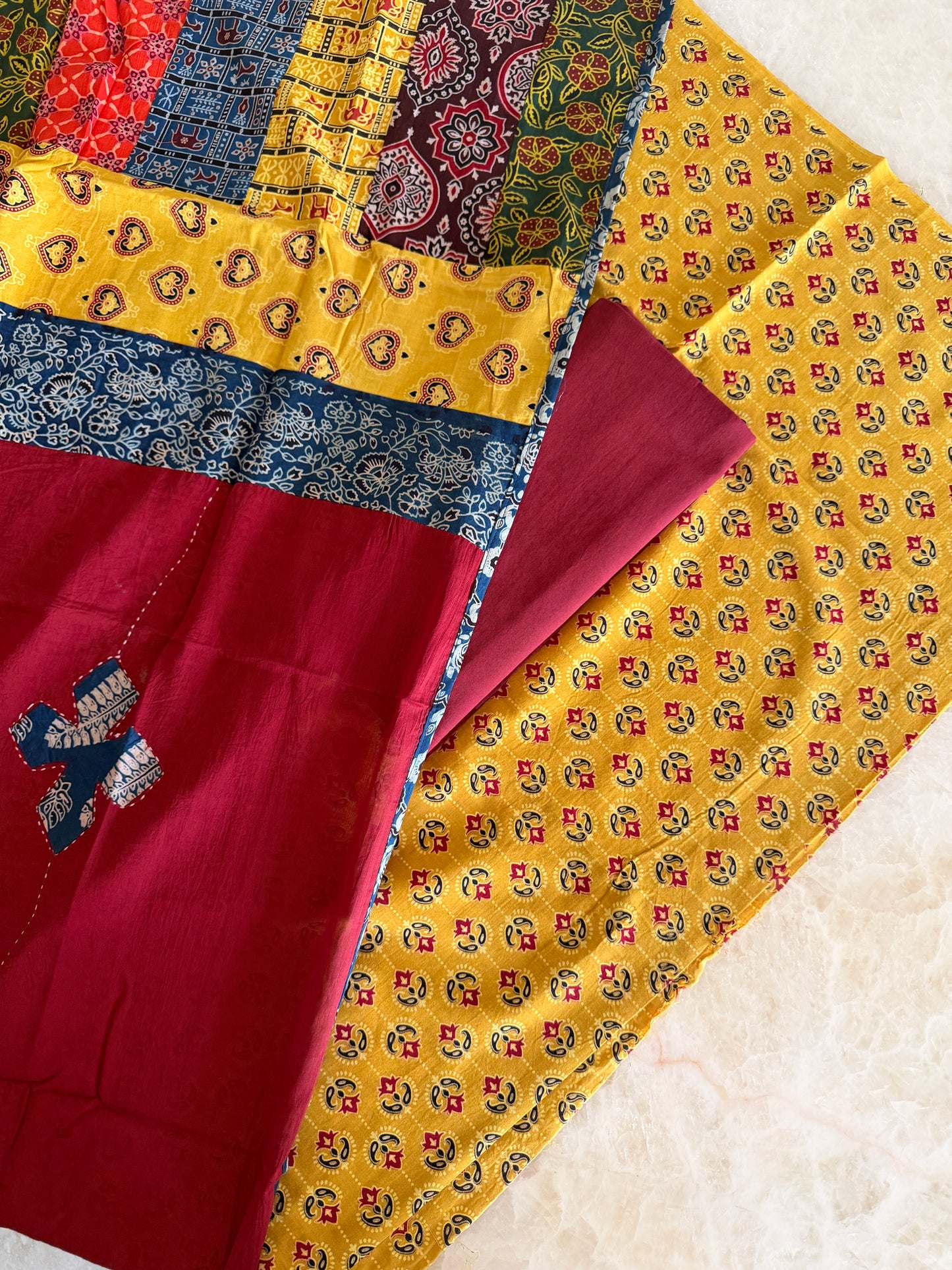 Ajrakh Suit Set with Appliqué Patchwork Dupatta