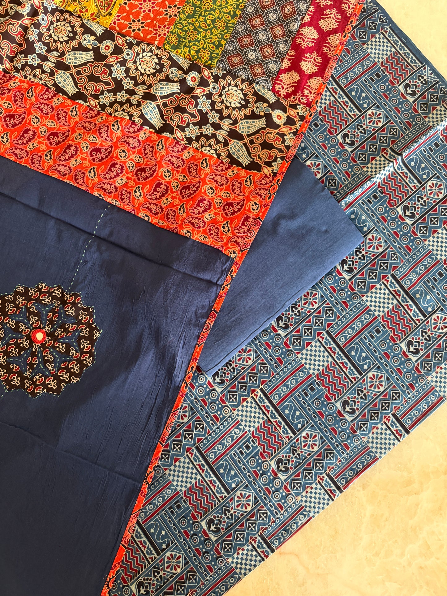 Ajrakh Suit Set with Appliqué Patchwork Dupatta