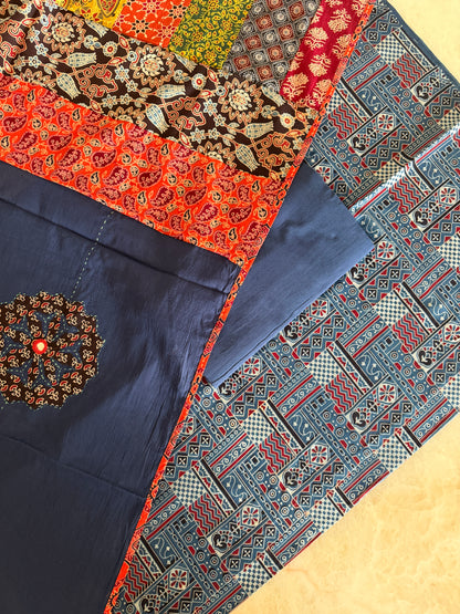 Ajrakh Suit Set with Appliqué Patchwork Dupatta