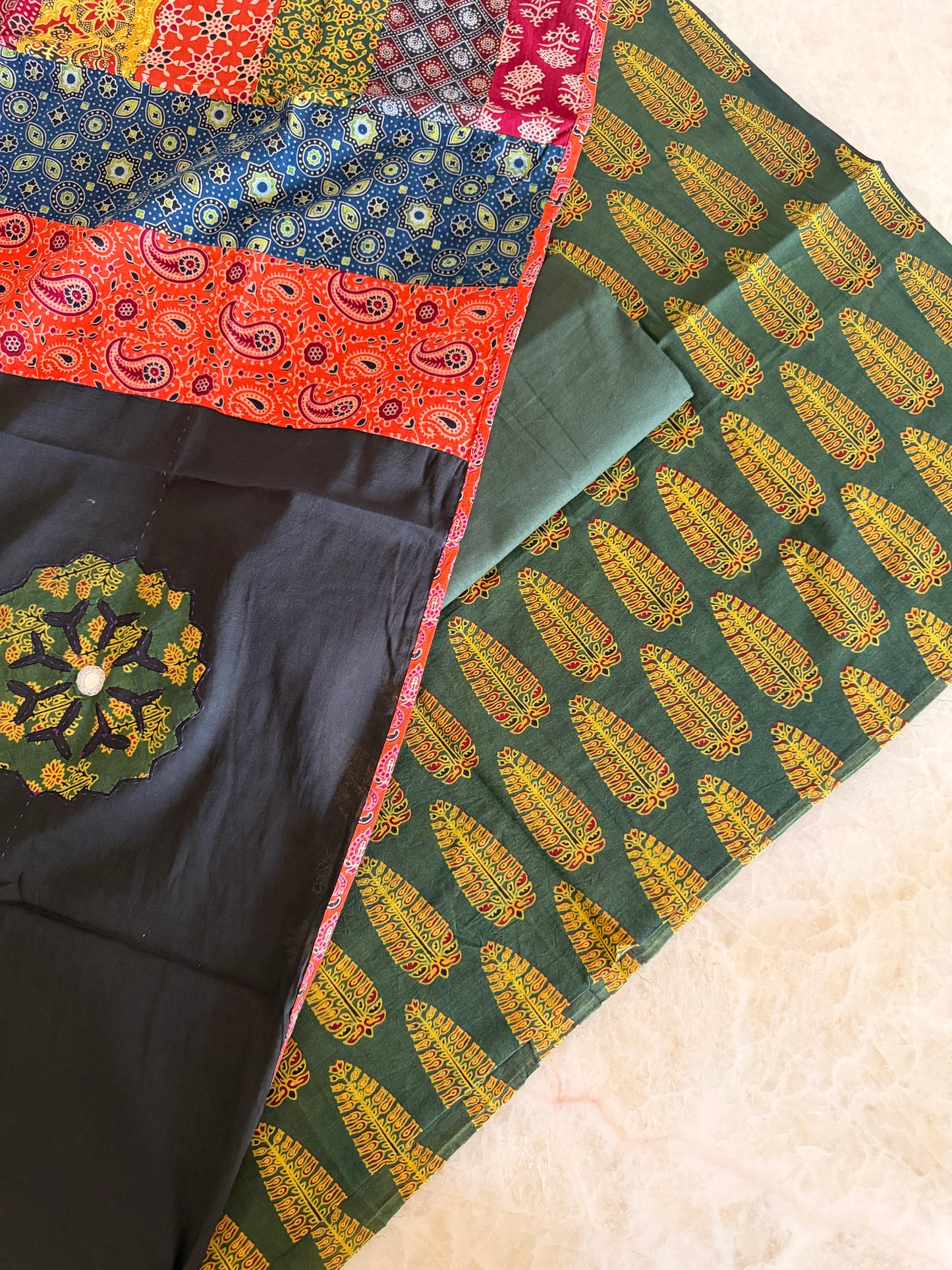 Ajrakh Suit Set with Appliqué Patchwork Dupatta