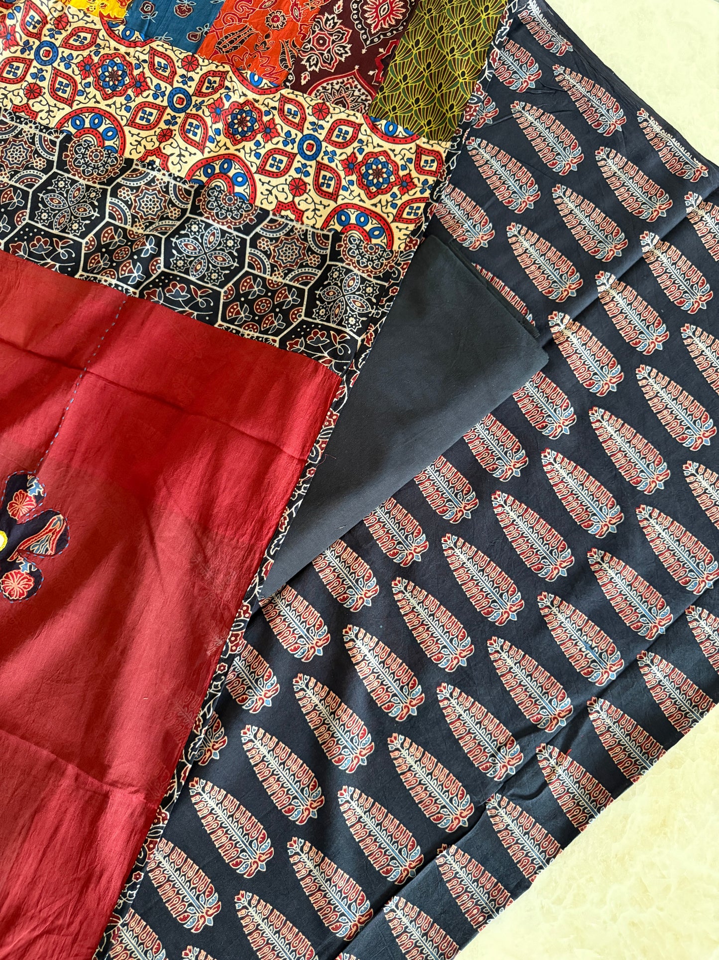 Ajrakh Suit Set with Appliqué Patchwork Dupatta