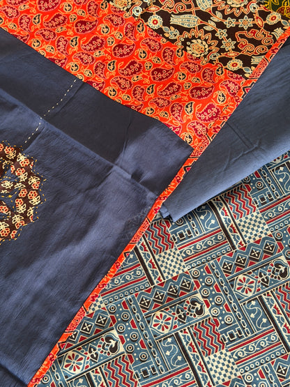 Ajrakh Suit Set with Appliqué Patchwork Dupatta