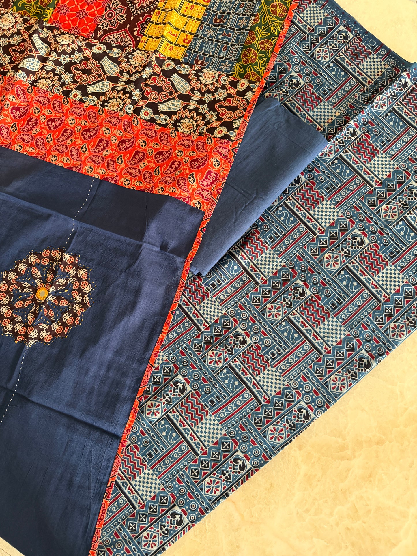Ajrakh Suit Set with Appliqué Patchwork Dupatta