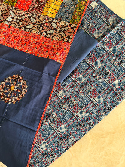 Ajrakh Suit Set with Appliqué Patchwork Dupatta