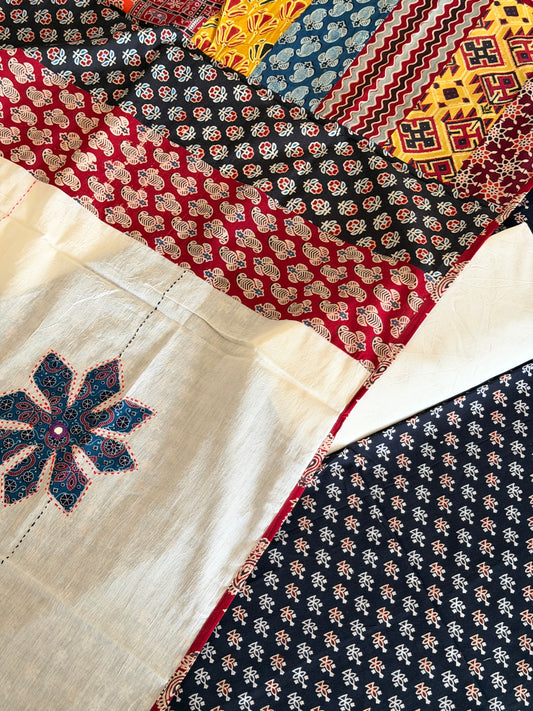 Ajrakh Suit Set with Appliqué Patchwork Dupatta