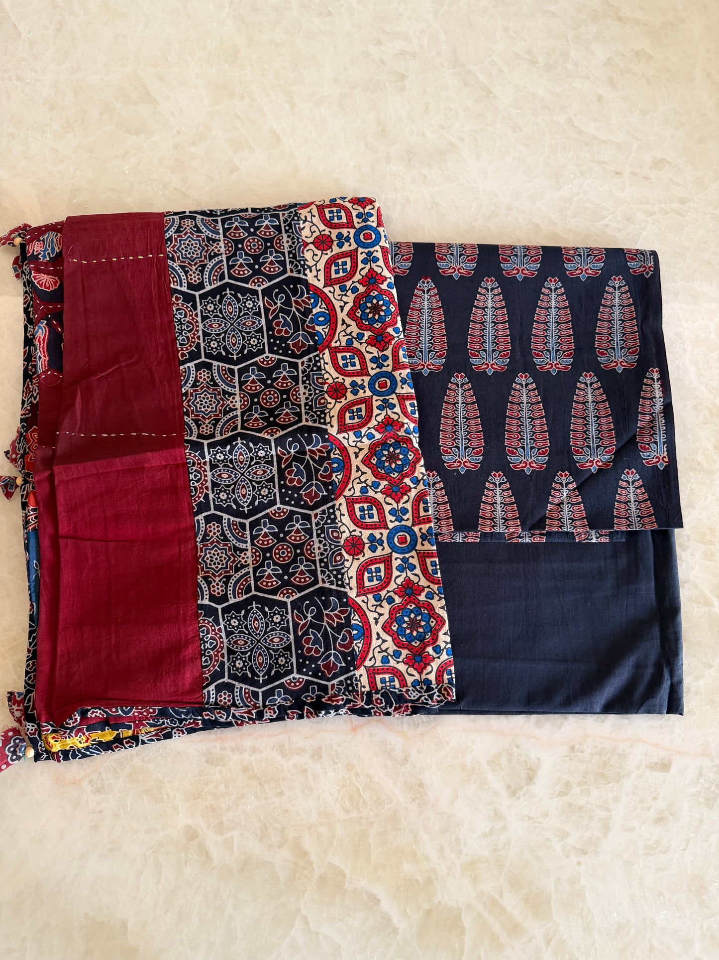 Ajrakh Suit Set with Appliqué Patchwork Dupatta