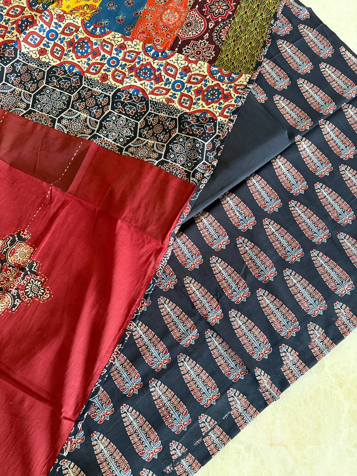 Ajrakh Suit Set with Appliqué Patchwork Dupatta