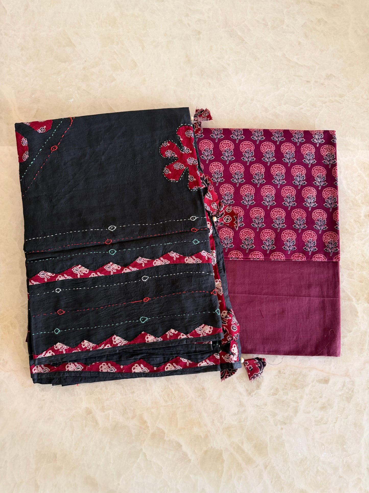 Ajrakh Suit Set with Appliqué Patchwork Dupatta