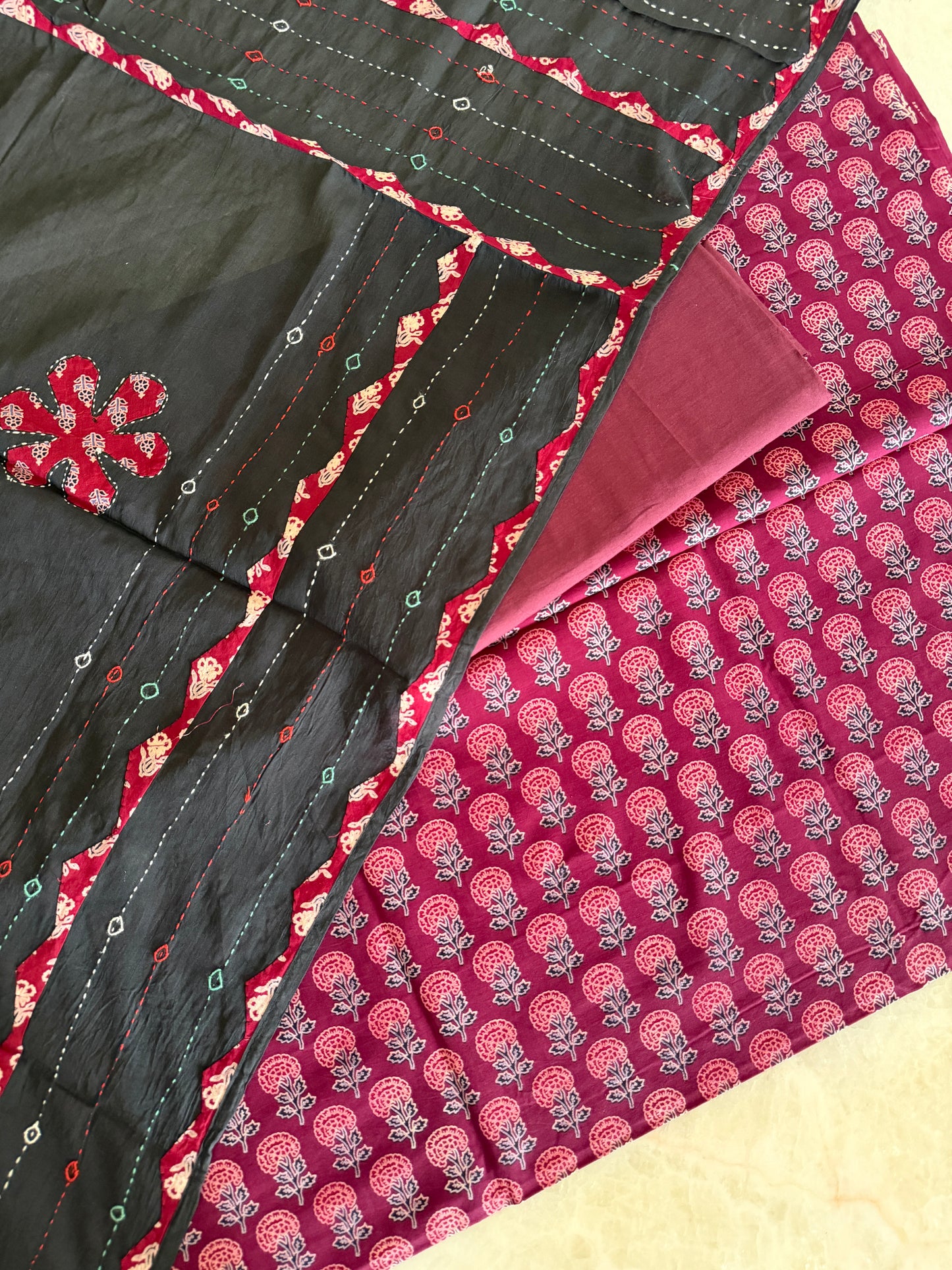 Ajrakh Suit Set with Appliqué Patchwork Dupatta