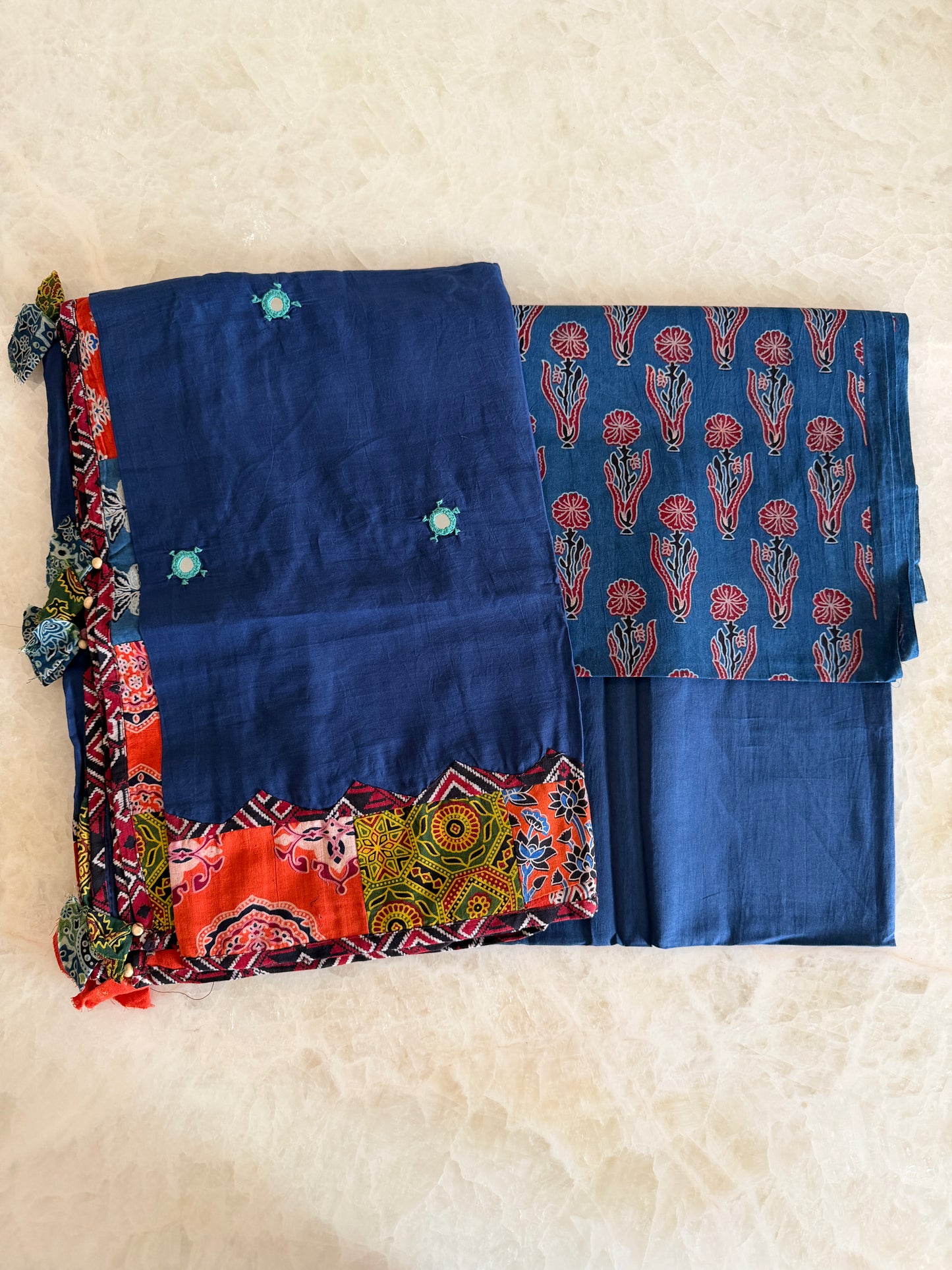 Ajrakh Suit Set with Appliqué Patchwork Dupatta