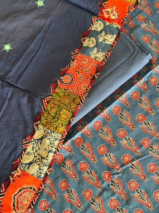 Ajrakh Suit Set with Appliqué Patchwork Dupatta