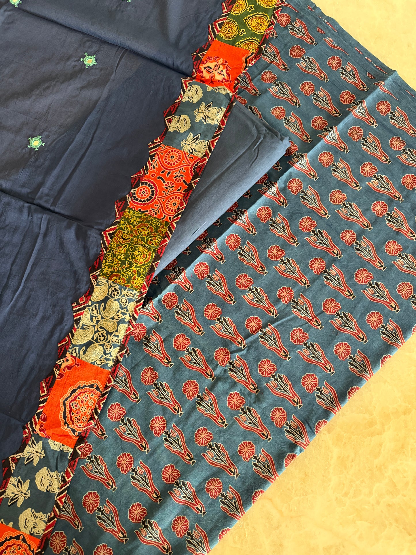 Ajrakh Suit Set with Appliqué Patchwork Dupatta