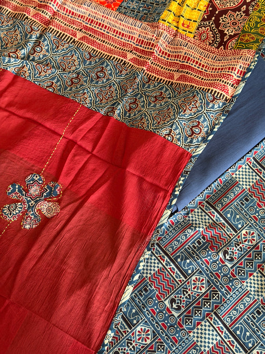 Ajrakh Suit Set with Appliqué Patchwork Dupatta