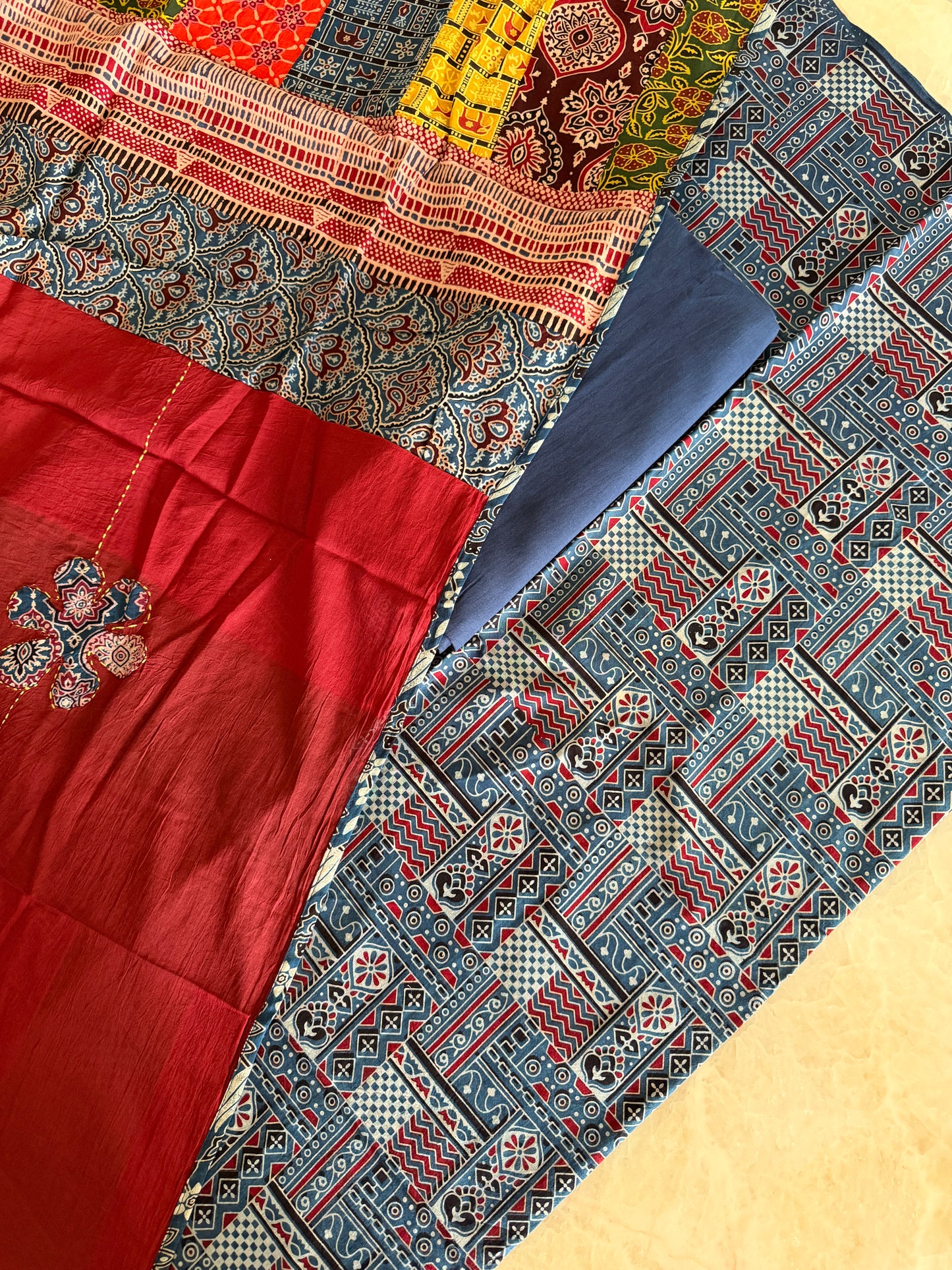Ajrakh Suit Set with Appliqué Patchwork Dupatta