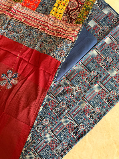Ajrakh Suit Set with Appliqué Patchwork Dupatta