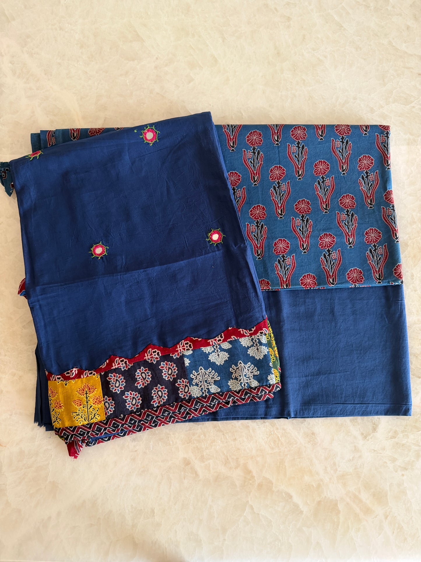 Ajrakh Suit Set with Appliqué Patchwork Dupatta