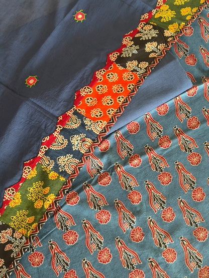 Ajrakh Suit Set with Appliqué Patchwork Dupatta