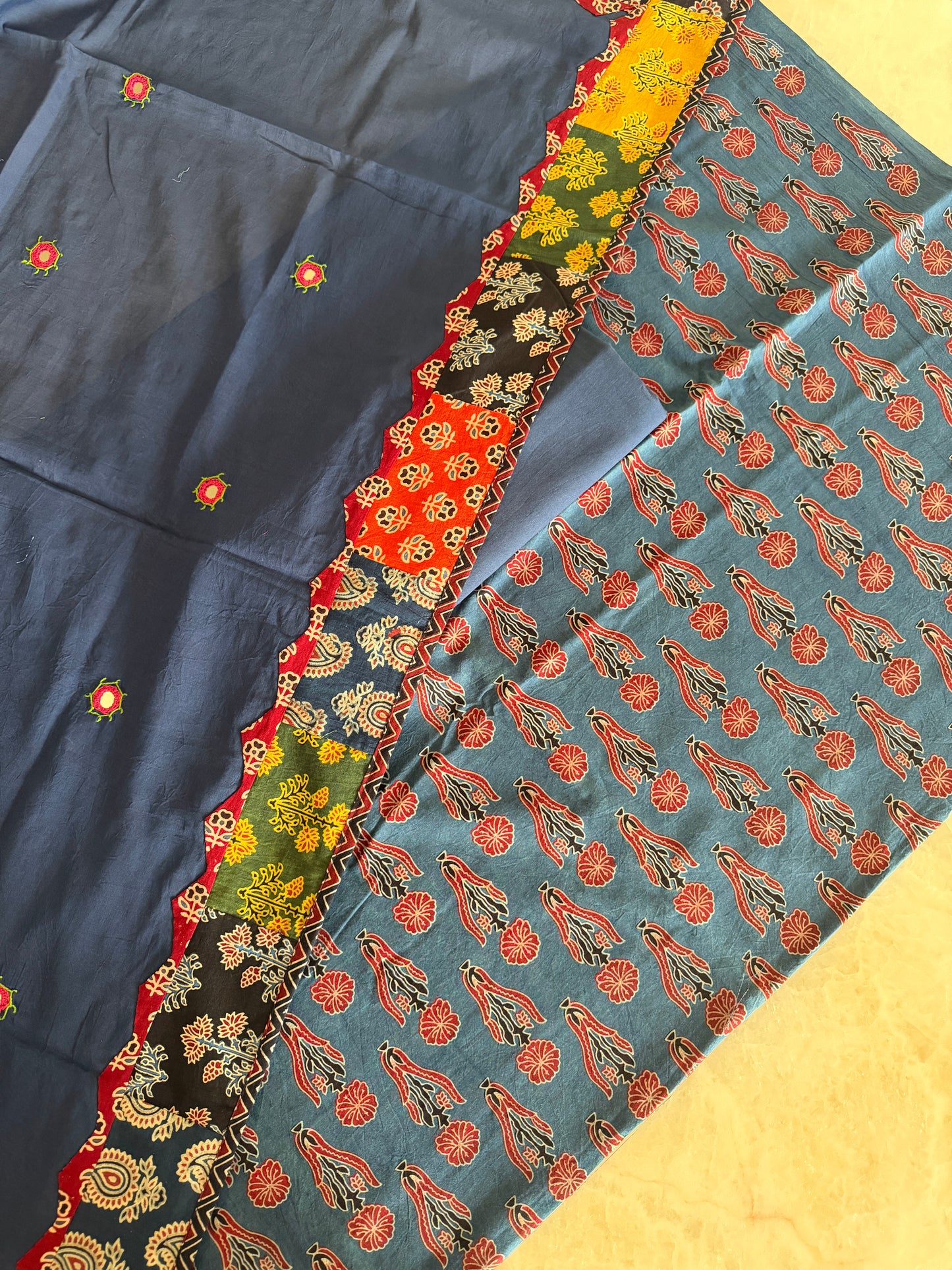 Ajrakh Suit Set with Appliqué Patchwork Dupatta