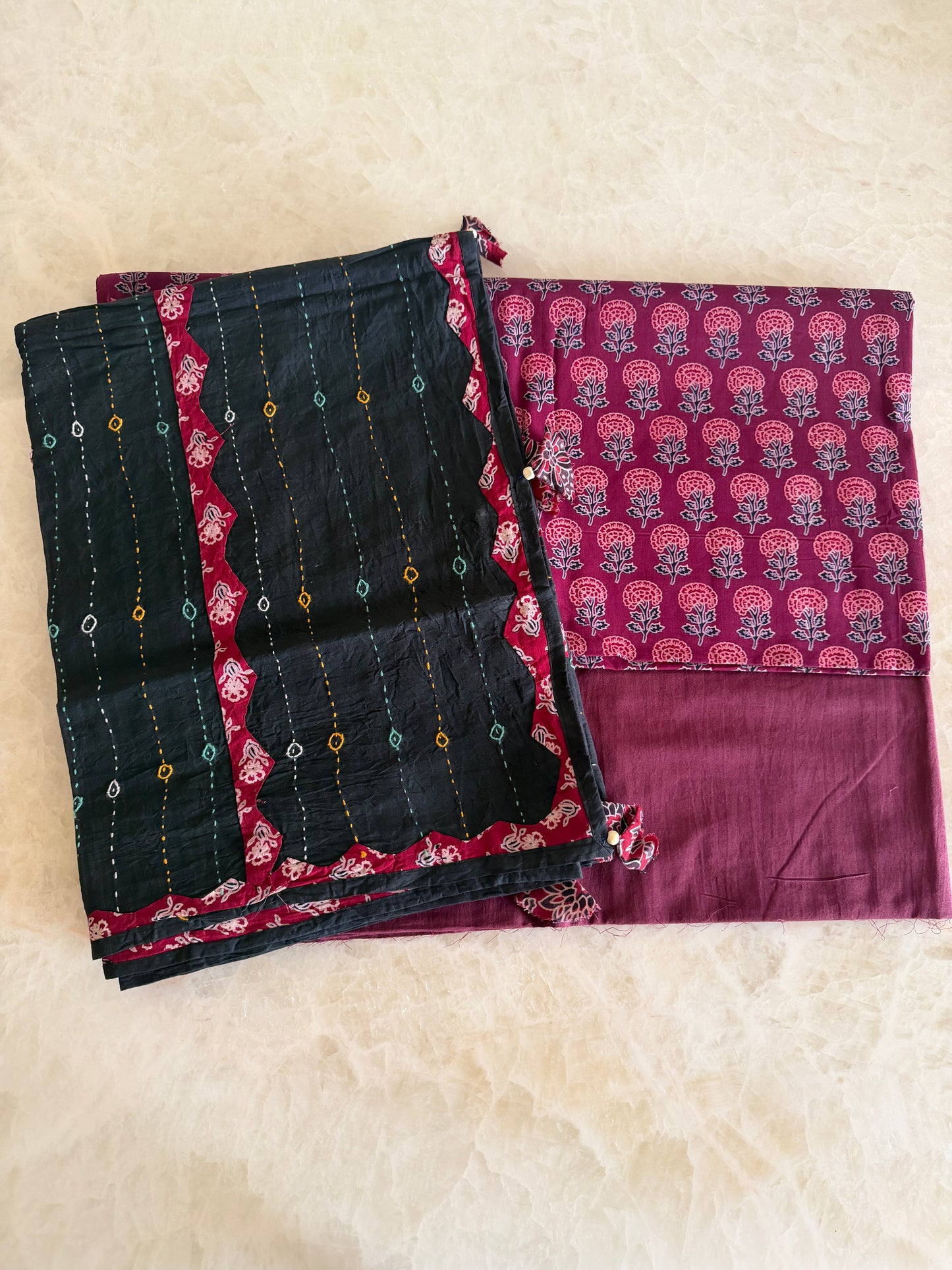 Ajrakh Suit Set with Appliqué Patchwork Dupatta