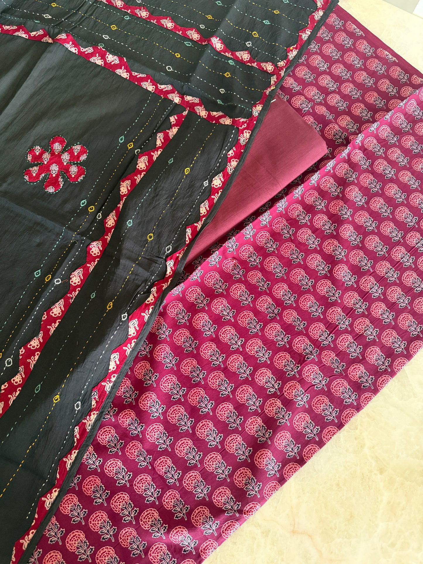 Ajrakh Suit Set with Appliqué Patchwork Dupatta