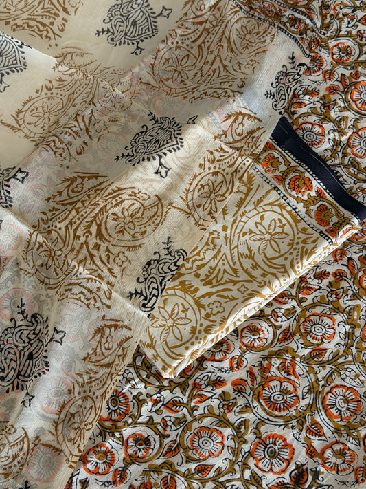 Pure Cotton Hand Block Printed Suit Set with Chiffon Dupatta