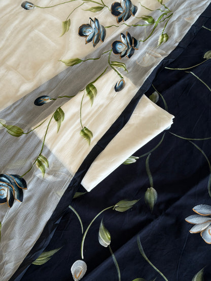 Hand Painted Cotton Suit Set with Chiffon Dupatta