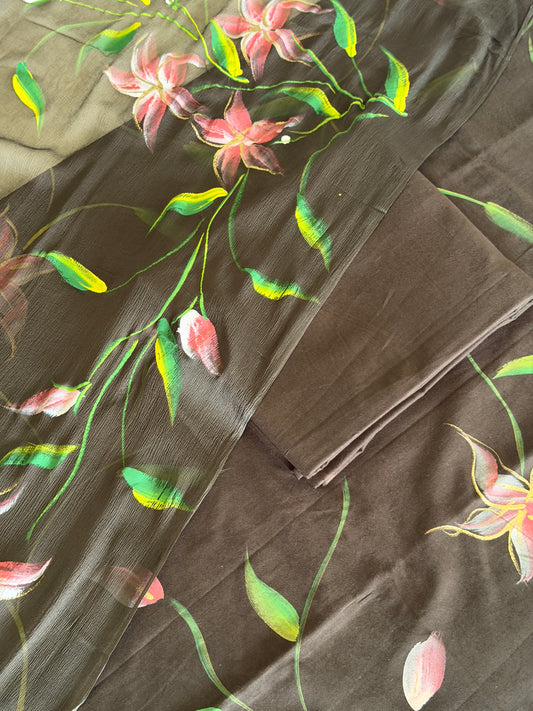 Hand Painted Cotton Suit Set with Chiffon Dupatta