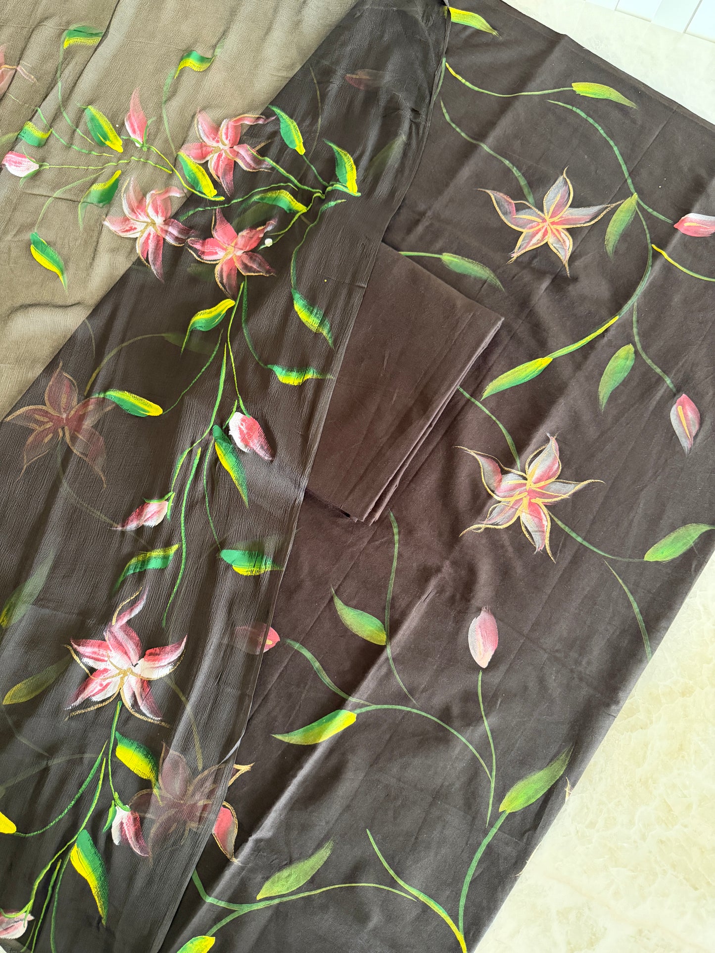 Hand Painted Cotton Suit Set with Chiffon Dupatta