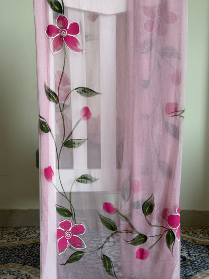 Hand Painted Cotton Suit Set with Chiffon Dupatta