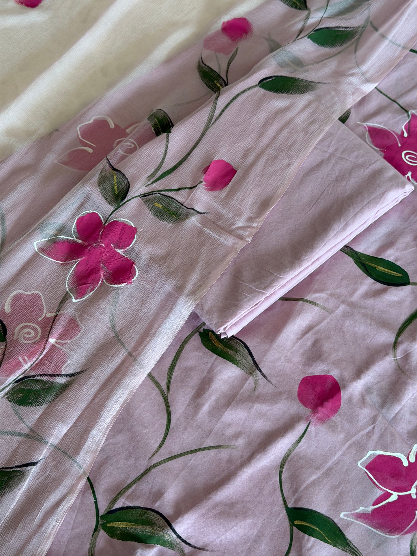 Hand Painted Cotton Suit Set with Chiffon Dupatta