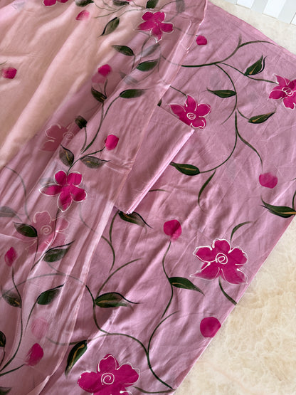 Hand Painted Cotton Suit Set with Chiffon Dupatta
