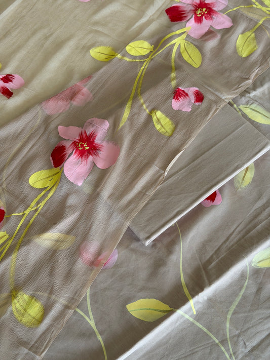 Hand Painted Cotton Suit Set with Chiffon Dupatta