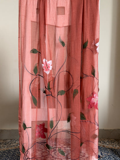 Hand Painted Cotton Suit Set with Chiffon Dupatta