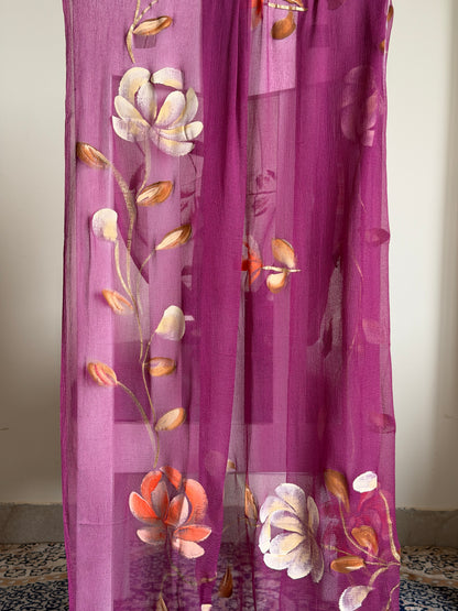 Hand Painted Cotton Suit Set with Chiffon Dupatta