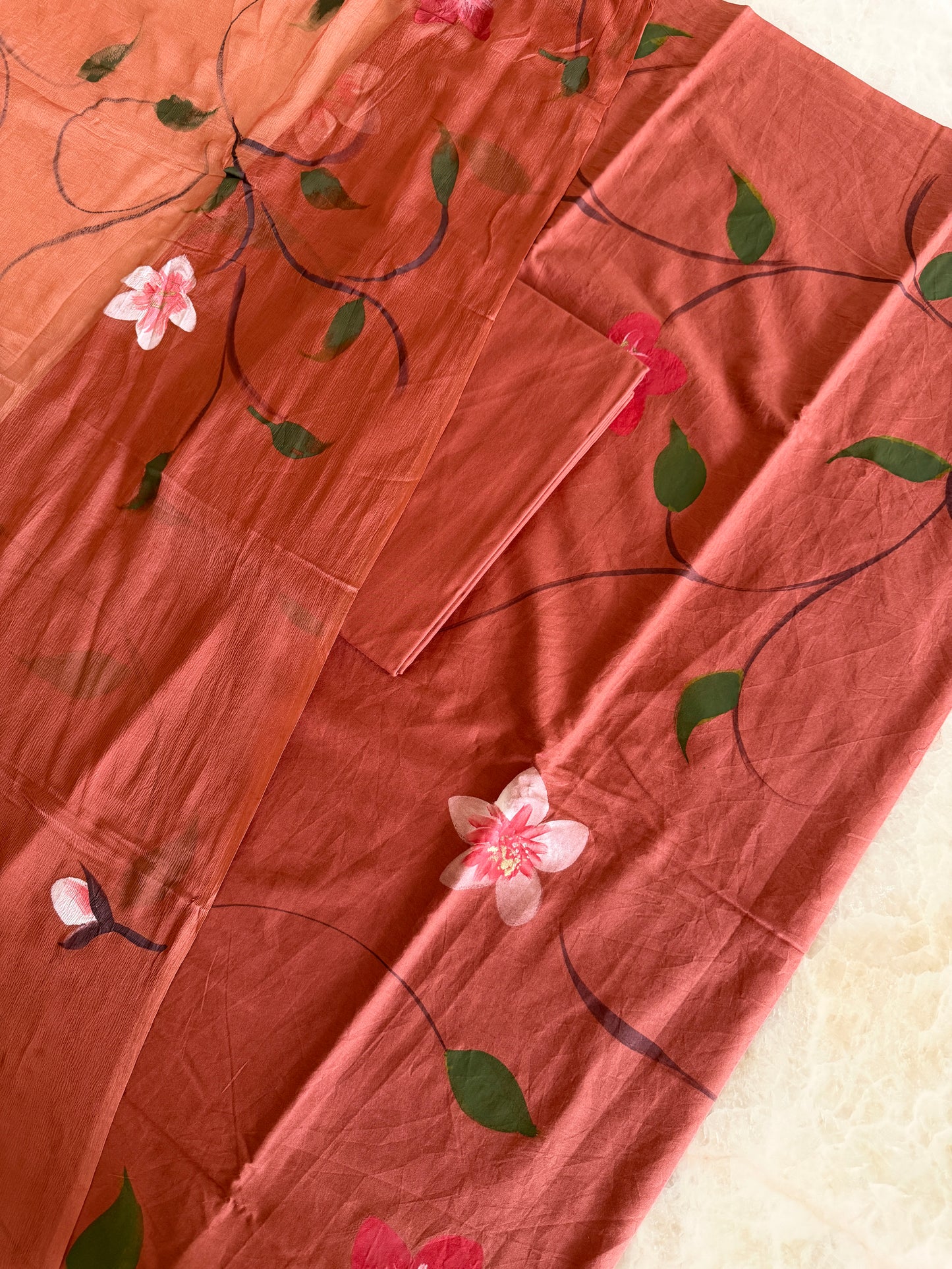Hand Painted Cotton Suit Set with Chiffon Dupatta