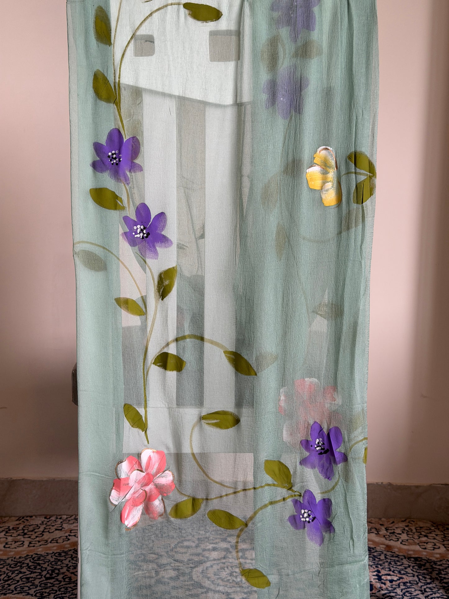 Hand Painted Cotton Suit Set with Chiffon Dupatta