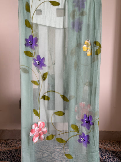 Hand Painted Cotton Suit Set with Chiffon Dupatta
