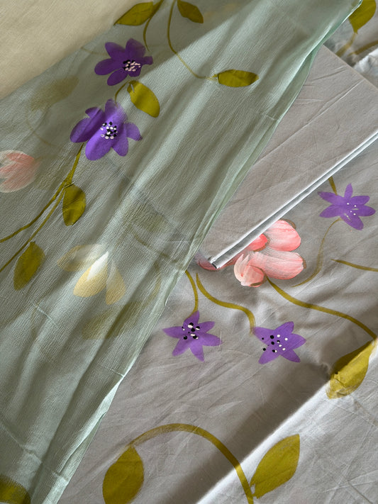Hand Painted Cotton Suit Set with Chiffon Dupatta