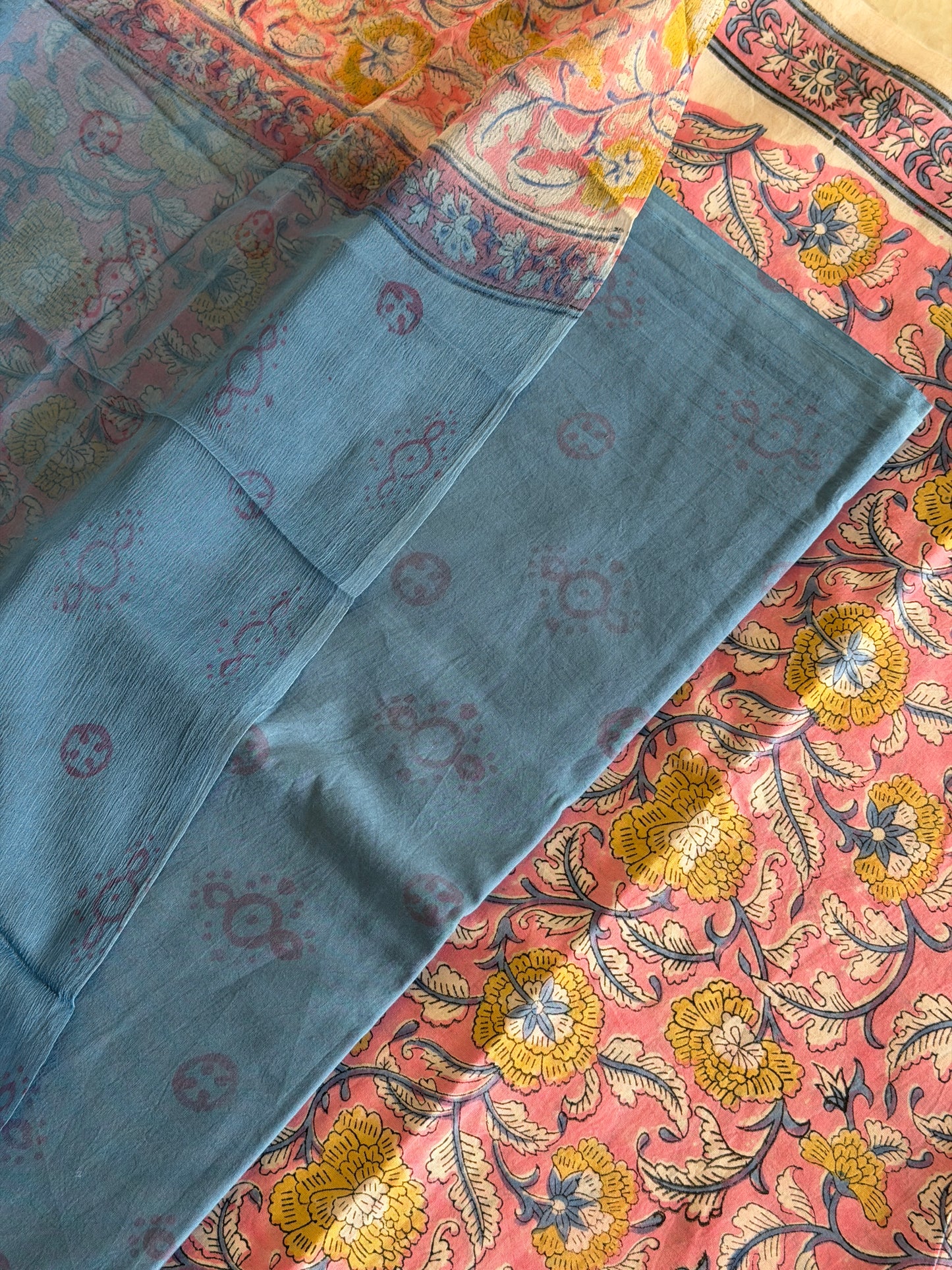 Pure Cotton Hand Block Printed Suit Set with Chiffon Dupatta