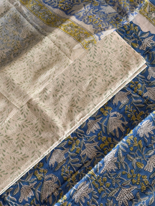 Pure Cotton Hand Block Printed Suit Set with Chiffon Dupatta