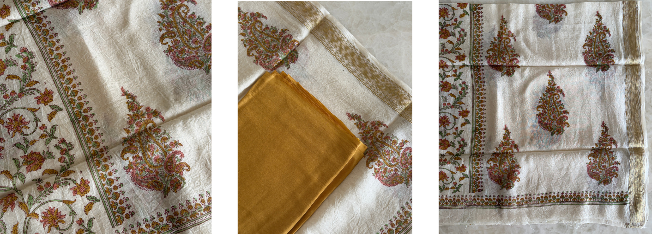 Elegant hand block printed women's suit showcased in a flat lay with coordinated design details on a neutral background