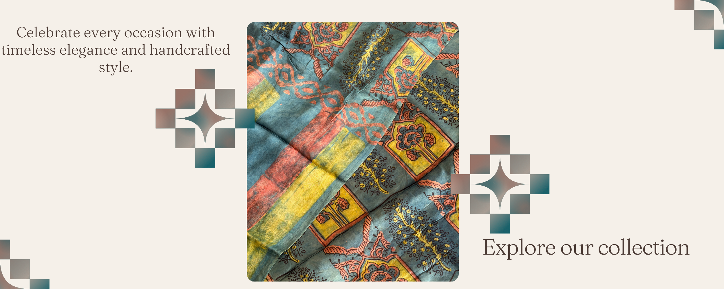 Hand block printed women's suit displayed with elegant collection branding on a beige background