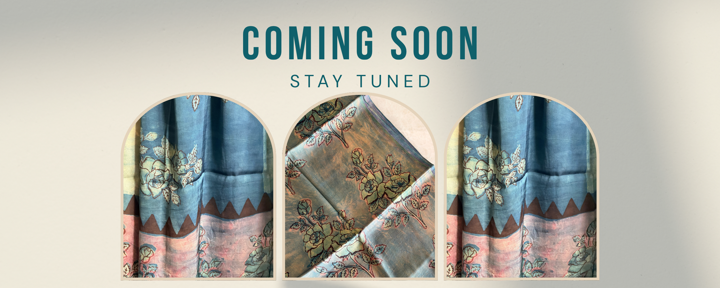 Hand block printed women's suit fabrics with floral prints displayed in three arched frames on a beige background for the Poshakriti