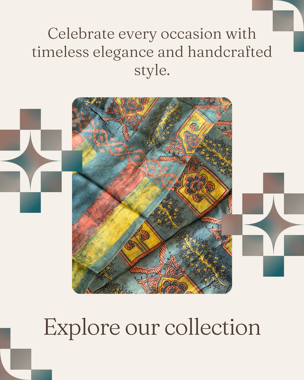 Hand block printed women's suit displayed with elegant collection branding on a beige background